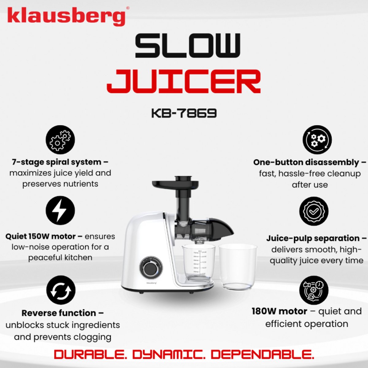 Klausberg Slow Juicer – 150W - 700ml | Cold Press | Groenten en Fruitpers – Met Pulpreservoir | Wit | Stille Horizontale Juicer met 7-Traps Perssysteem thumbnail 6
