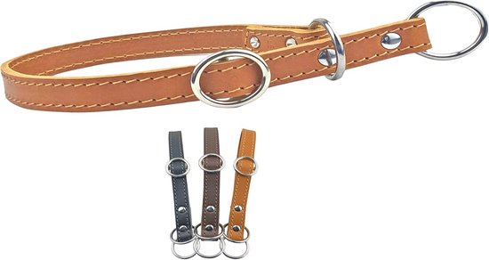 Rund & Weich - trekstop hondenhalsband, zwart, L, 55 cm, leren halsband met trekbegrenzing en verstelbare gesp, dressuurhalsband, trekstopper, robuust, rundleer