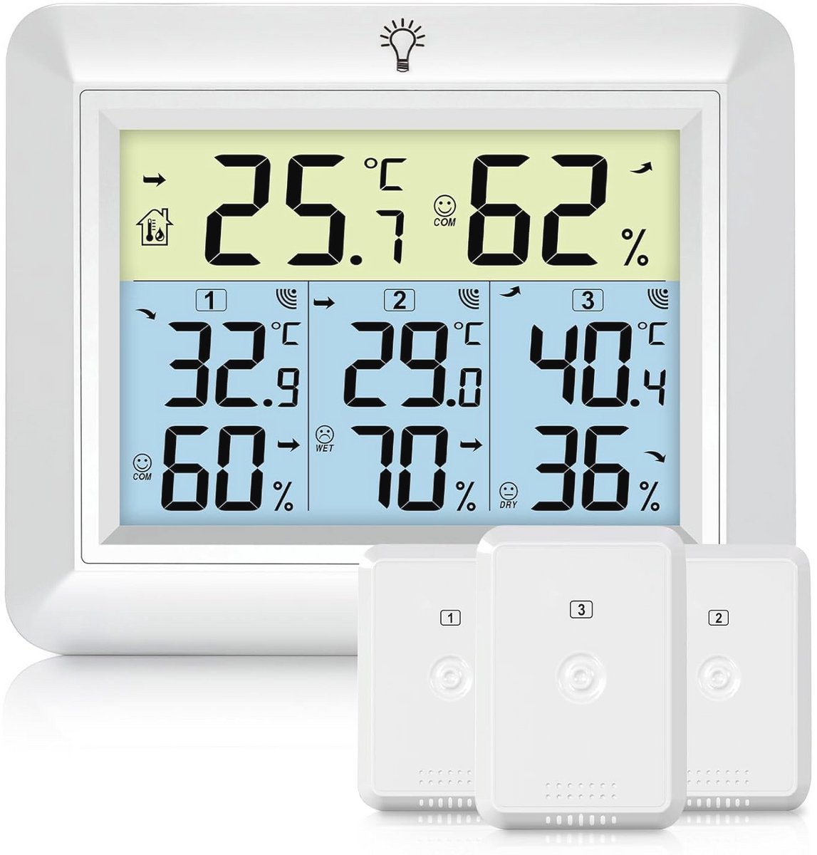 Draadloze thermometer met 3 buitensensoren en groot LCD-display
