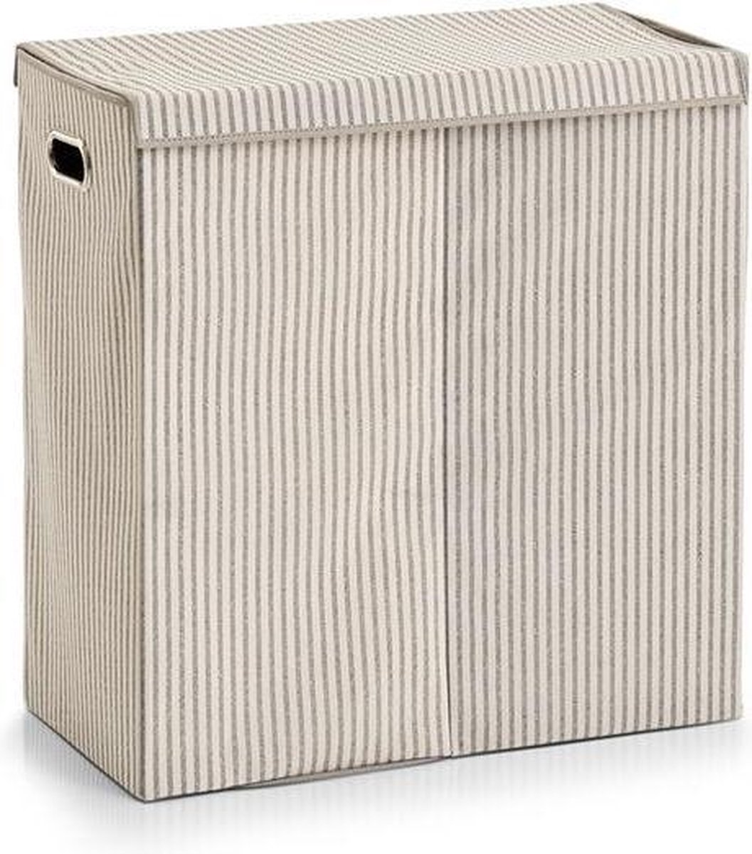 Goedkoopste Zeller gestreepte wasmand 2-vaks 120 liter present - Beige - Met deksel