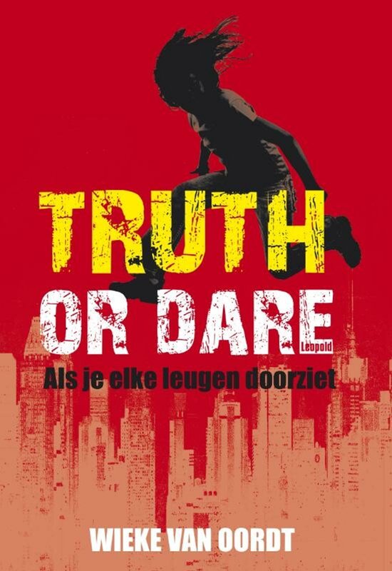 Boekomslag 'Truth or Dare' met rood met 'Truth or Dare' in grote gele en witte letters, springend silhouet.