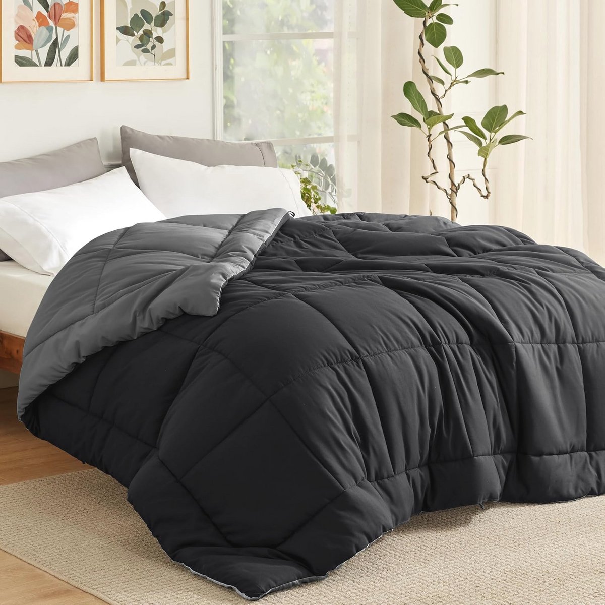 Omkeerbaar Dekbed 240 x 220 cm - Oeko-Tex Gecertificeerd - 4 Seizoenen - Zwart/Grijs - Zacht 100% Polyester Slaapdeken