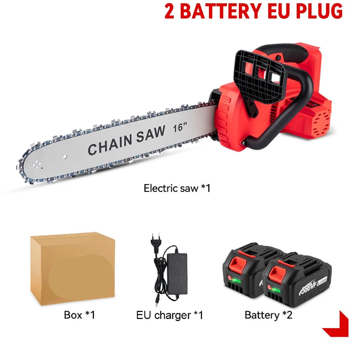 Kettingzaag - Snoeizaag - Takkenzaag - Handzaag - Elektrische/Accu - Draadloze - 16 Inch - 7980W - Brushless Motor Zaag voor Tuinonderhoud & Houtbewerking – 2 Accu's en EU Stekker