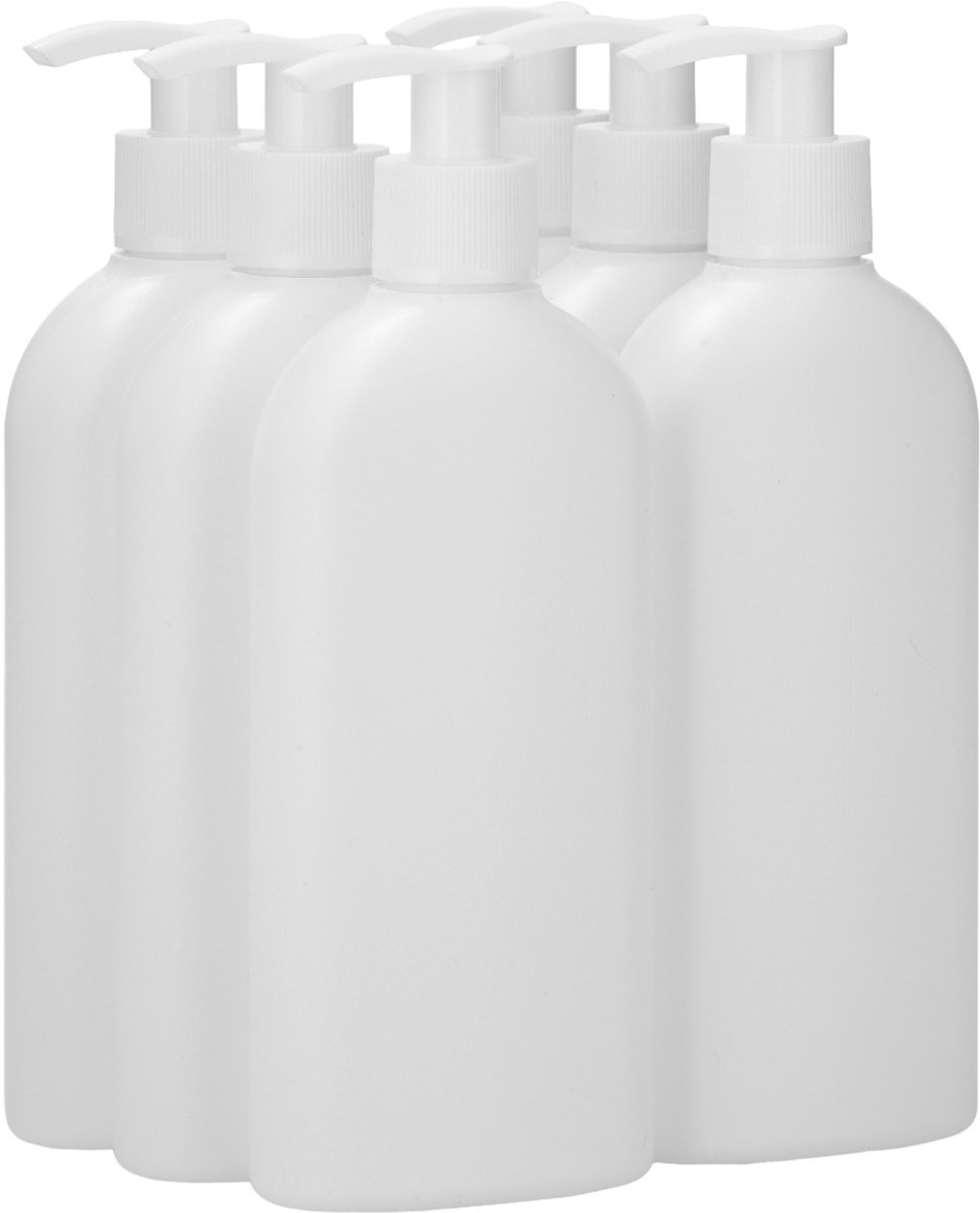 6 x 250 ml Platte fles HDPE wit + Zeepfles Dispenserpomp wit - BPA Vrij - Niet Breekbaar - Plastic Flesjes Navulbaar - Met Dop - Lege Flessen - 6 stuks.
