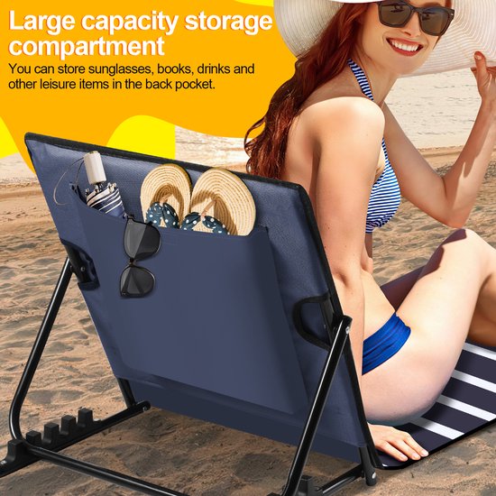 Strandstoel strandmat Strandligbed Strandmat met verstelbare rugleuning - Met hoofdkussen Blauw wit 1x 158cm — afbeelding 5