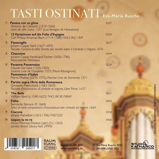 Buiten het zicht van de hoes van de cd 'Tasti Ostinati'. Een lijst met nummers en uitvoerders.