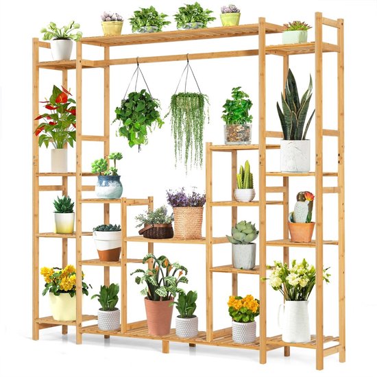 Foto: Suredeal bamboe plantenrek 9 vaks met ophangbeugel hoekplank voor binnen buiten 2 in 1 plantenstandaard met anti kantel beveiliging 167x30x166 cm