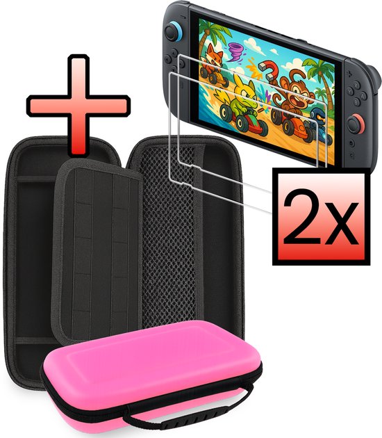 Roze hoes, open en gesloten, met Nintendo Switch, twee screenprotectors en een plus-icoon.