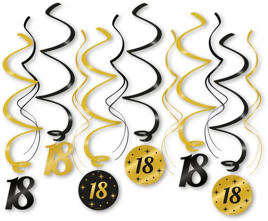 Zwart-gouden '18' swirl-decoraties in verschillende formaten, hangend.