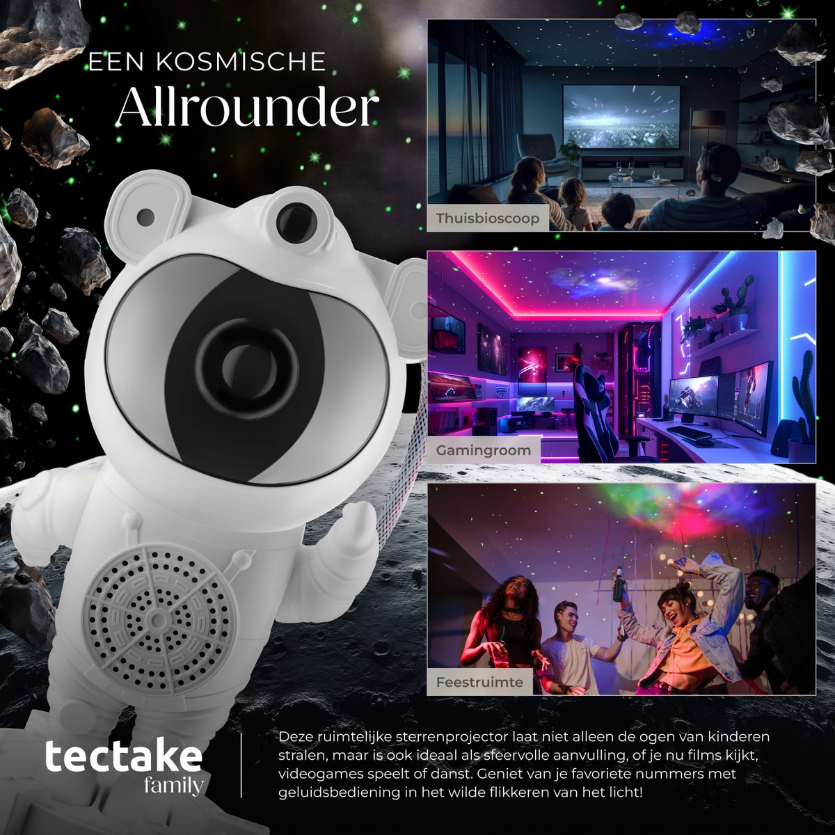 tectake® LED Sterrenhemel Projector - Astronaut Nachtlampje - Kinderlamp - Sterrenlamp voor Kinderen - Galaxy Projector met Timer - Inclusief Bluetooth en Muziekfunctie - 360° Draaibare Lamp met Sterren, Maan en Nevel – foto 7