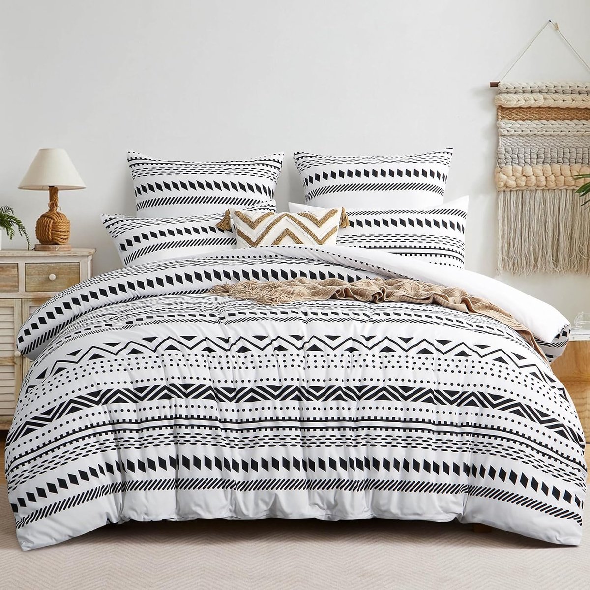 Ibenzoa Zachte Microvezel Beddengoedset – Grijs Boho Patronen, 3-Delig wit