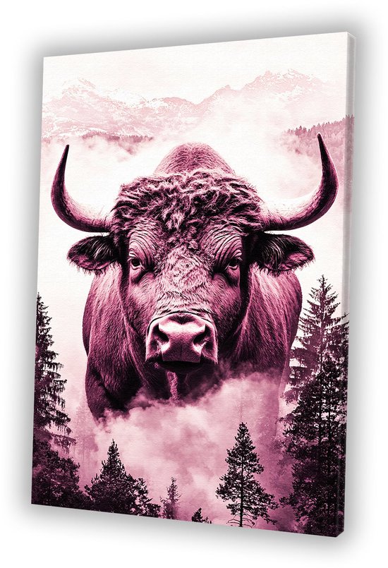 Majestueuze bison in bergen - Bison canvaskunst - Kunstwerk dieren - Monochromatisch - Interieurdecoratie - Canvas schilderij woonkamer - canvas 75x100 cm