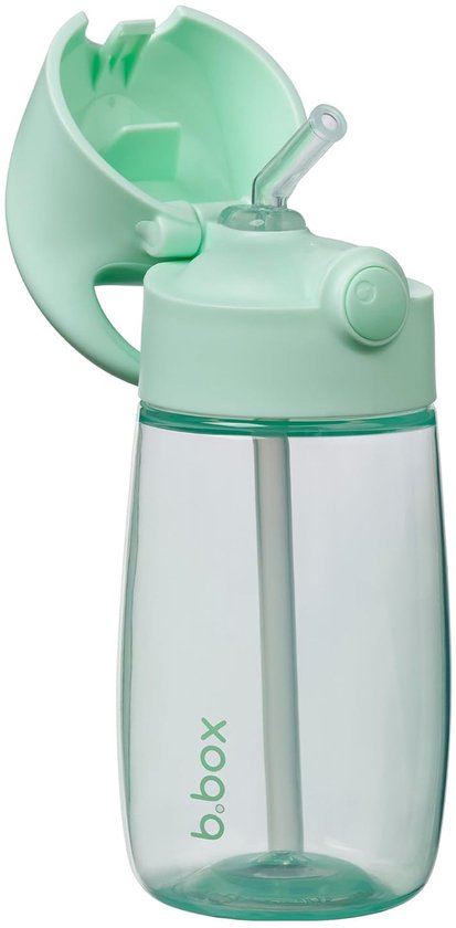 Gourde b.box vert menthe avec le rabat relevé et la paille visible. La gourde est en plastique transparent.