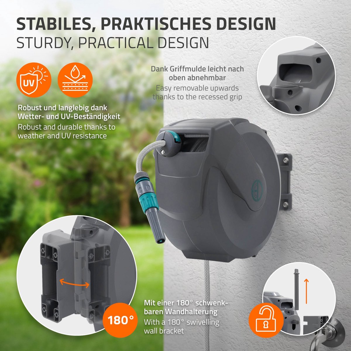 ECD Germany rollup tuinslanghaspel 15m+1,5m muurgemonteerde slanghouder met automatisch oprolmechanisme vergrendelingssysteem 9 sproeifuncties 180° zwenkbaar waterslangbox voor wandbevestiging ideaal voor tuin en terrasonderhoud – foto 3