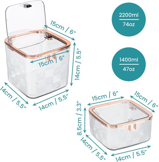 Twee transparante vierkante prullenbakken met koperkleurige rand, met afmetingen: 15x15x14cm (2.2L) en 14x14x8.5cm (1.4L).