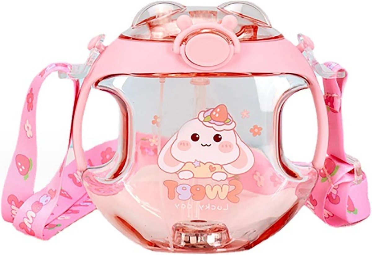 Kinderwaterbeker 450 Ml met Handvat, Draagkoord, Rietjesbeker, Sprayfunctie en Schattige Cartoonuitstraling (PINK)