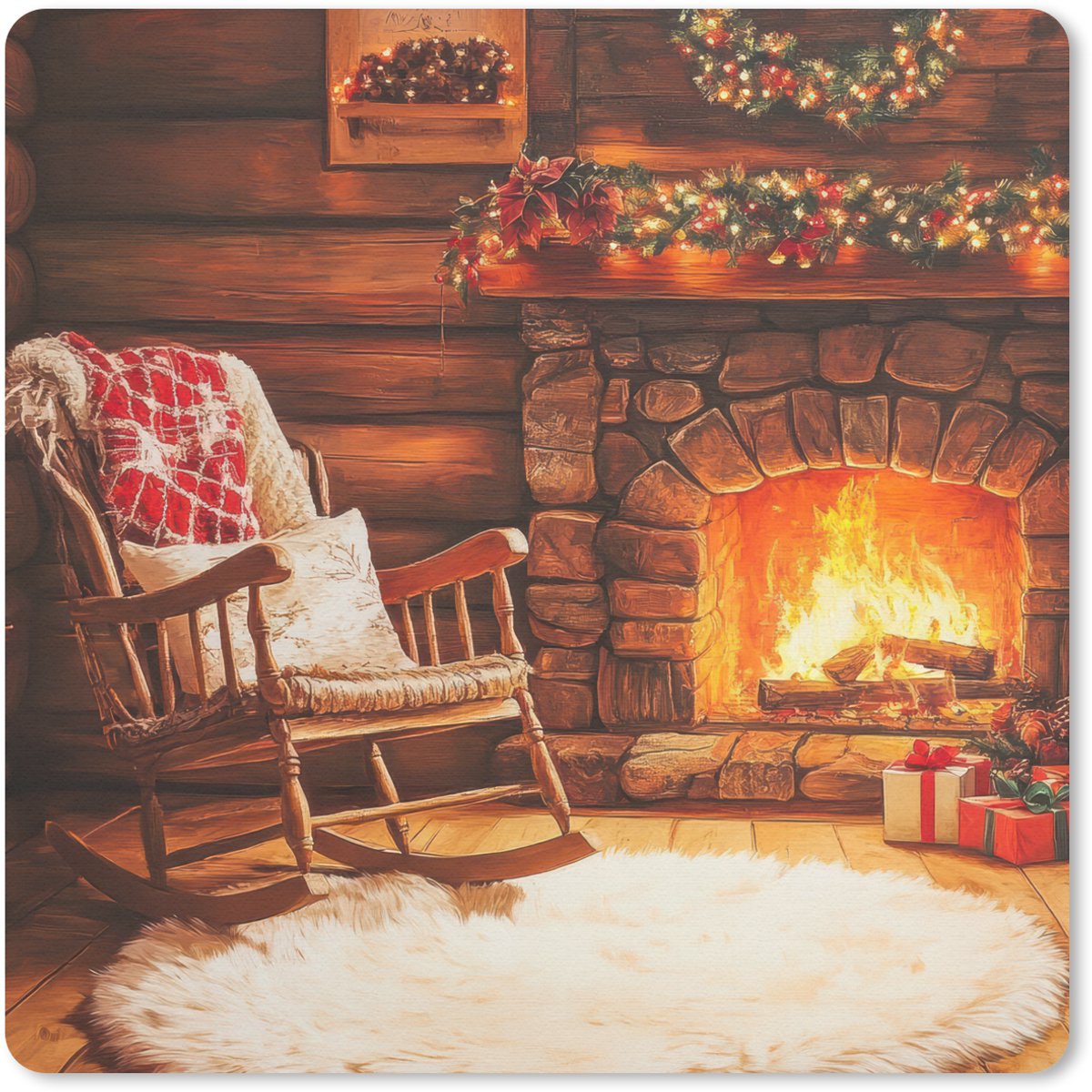 Muismat 30x30 cm - Mousepad Winter - Kerst - Huis - Openhaard - Muismatten