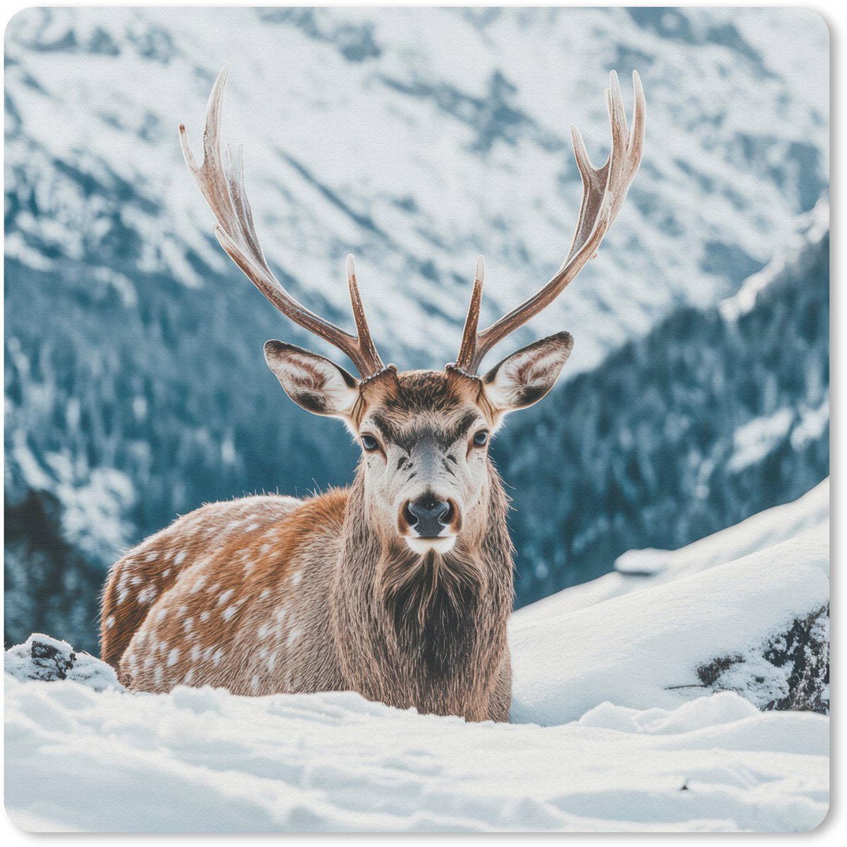Muismat 20x20 cm - Mousepad Hert - Landschap - Winter - Natuur - Dieren - Bergen - Muismatten