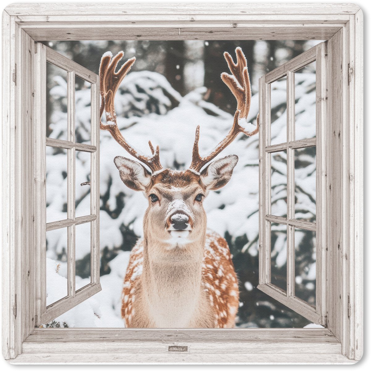 Muismat 20x20 cm - Mousepad Doorkijk - Hert - Sneeuw - Winter - Bos - Dieren - Natuur - Muismatten
