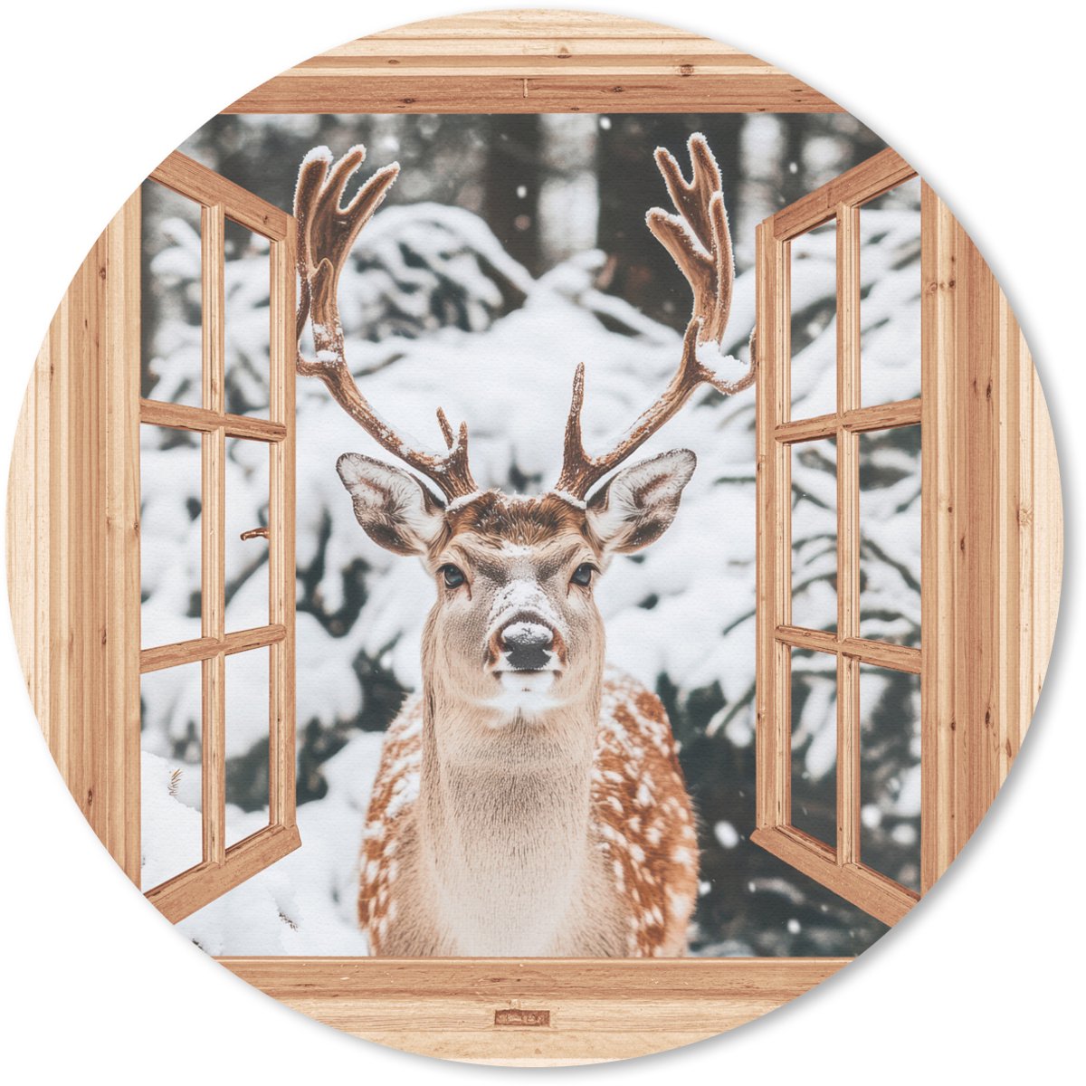 Muismat rond 30x30 cm - Mousepad Doorkijk - Hert - Sneeuw - Winter - Bos - Dieren - Ronde muismatten