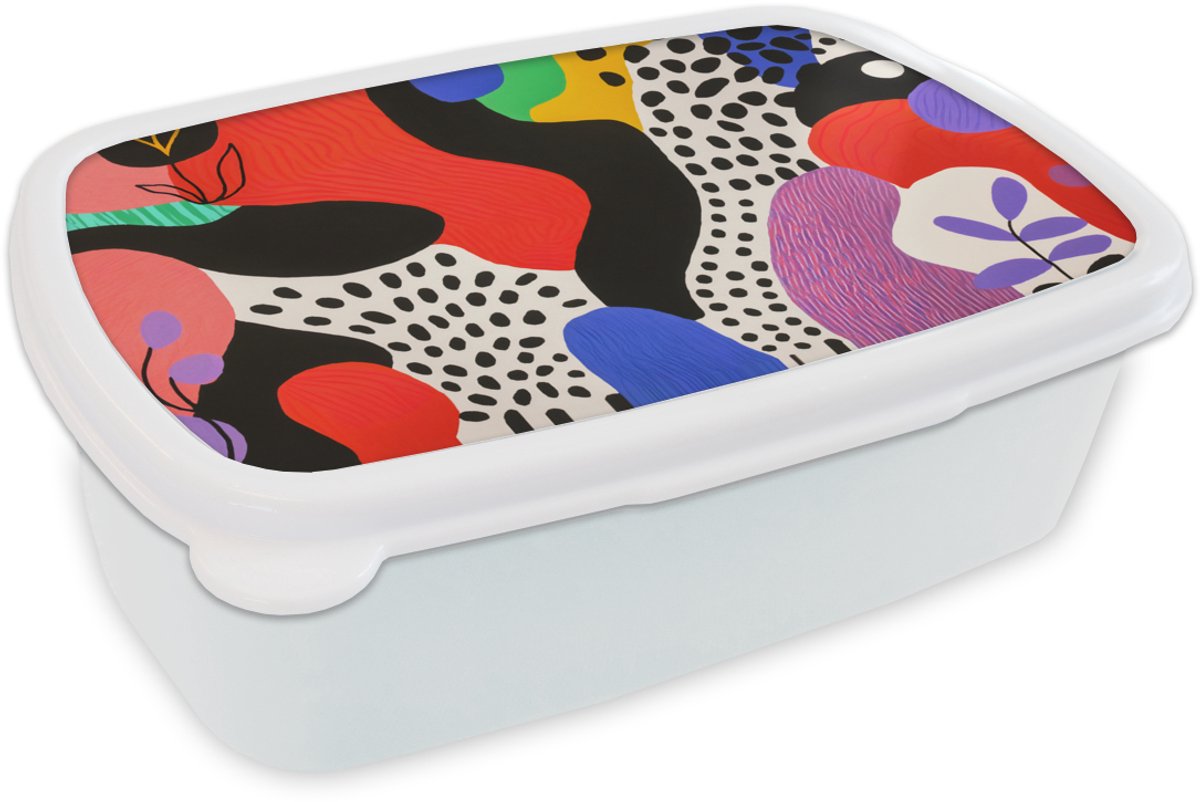 Broodtrommel Wit - Lunchbox Abstract - Vormen - Kleuren - Stippen - Brooddoos 18x12x6 cm - Brood lunch box - Broodtrommels voor kinderen en volwassenen