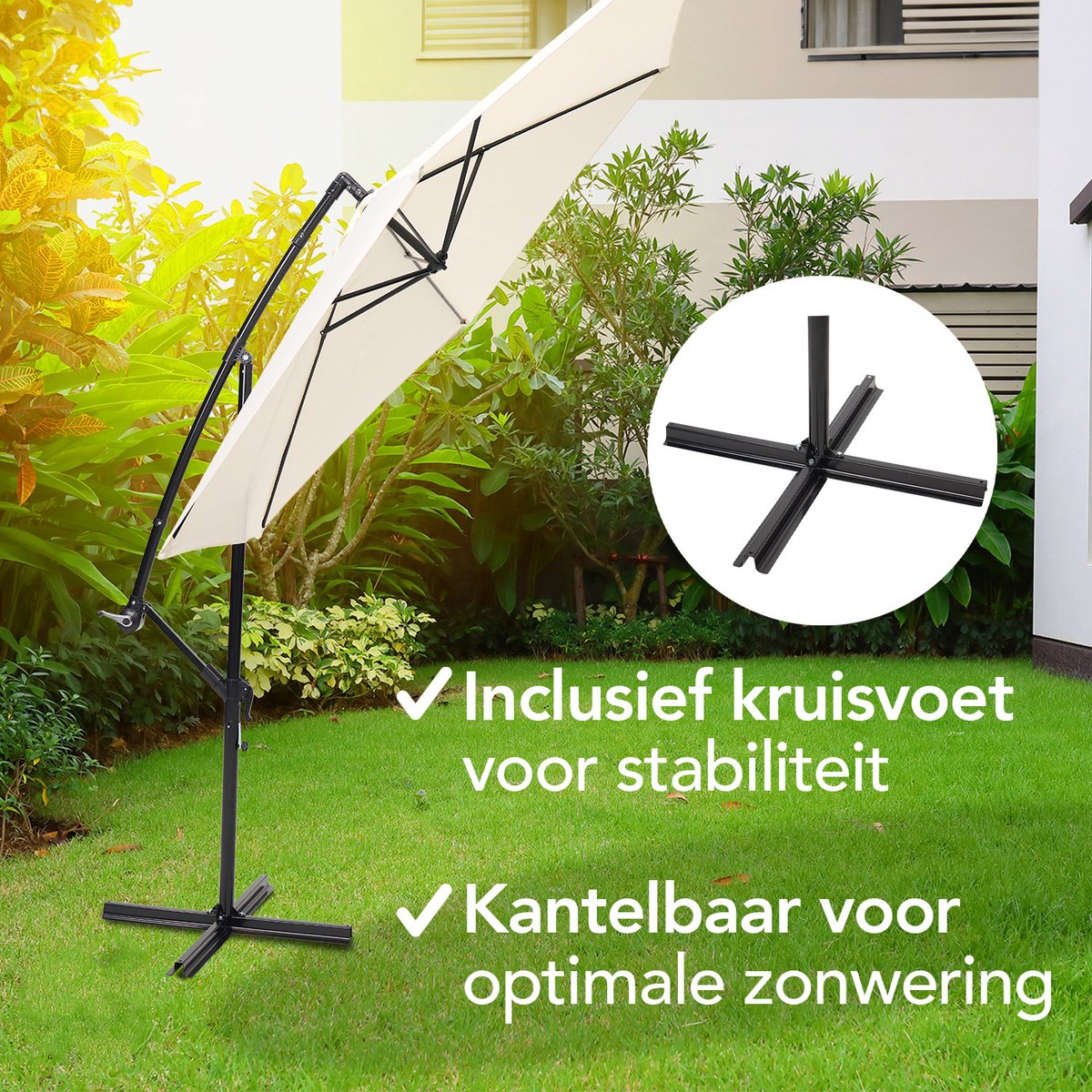 Brixy Zweefparasol - 300CM - Incl. Kruisvoet - Waterdicht - Verstelbare Hoogte - Creme – foto 3