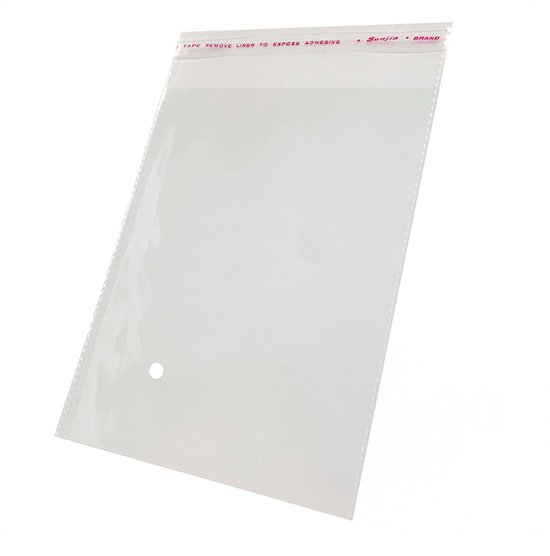 Transparant zakje met plakstrip en een rond perforatiegat.