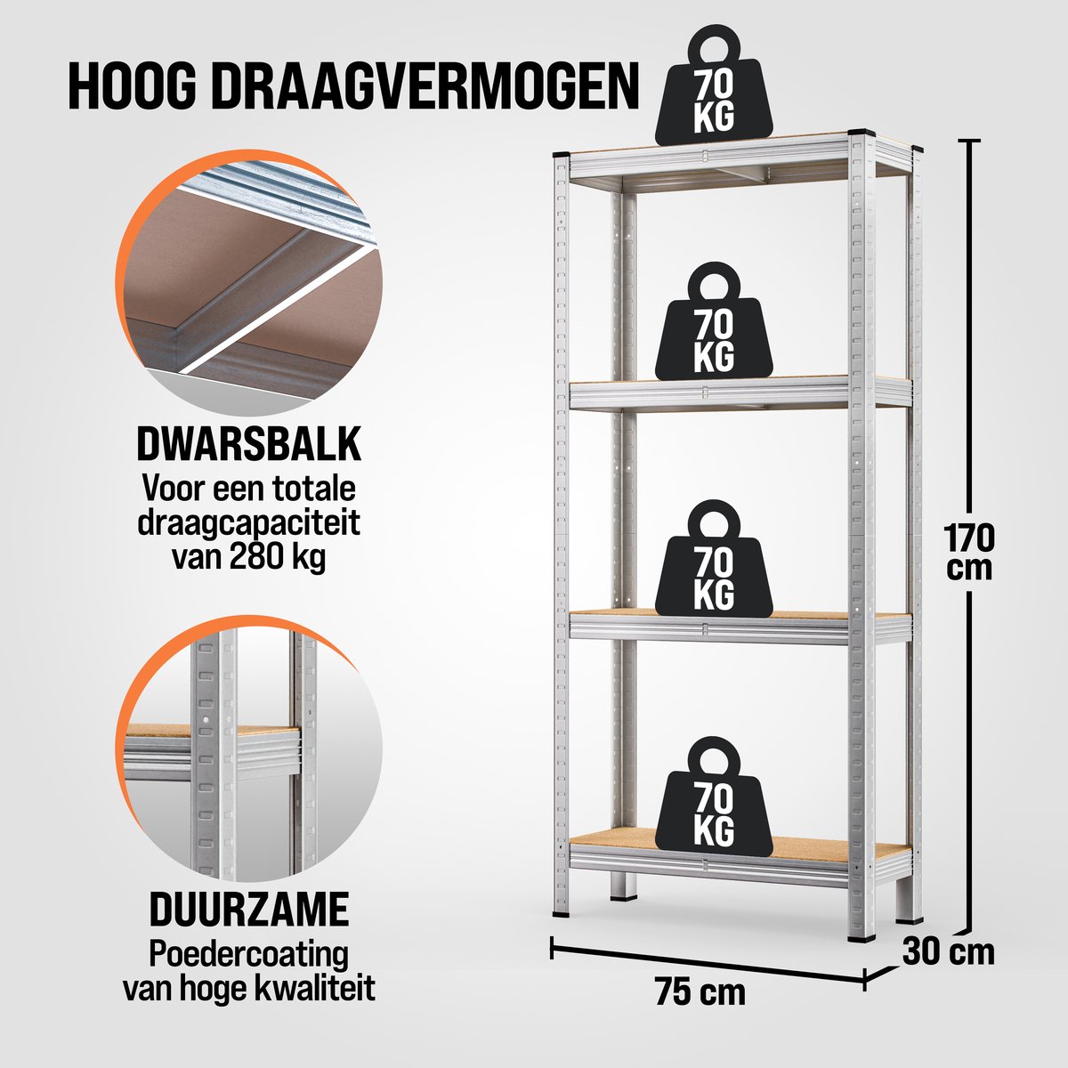 Monzana 2 x rek voor zware lasten, 170 x 75 x 30 cm, 350 kg, 5 MDF-platen, rek, opbergrek, kelderrek, steekrek, werkplaatsrek