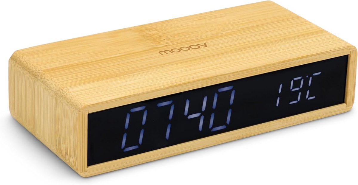 Bamboe wekker met led-display, binnentemperatuur en instelbare helderheid