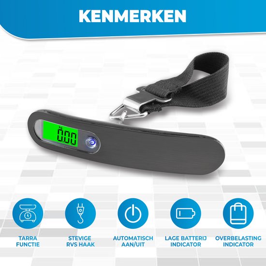 Zwarte digitale kofferweegschaal met RVS haak en nylon band. Met tarra functie, auto aan/uit, lage batterij indicator.