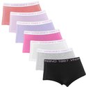 Zeven meisjesboxers in verschillende kleuren: roze, lila, fuchsia, wit, grijs, zwart en koraal. Allen met Vingino 1997 tailleband.