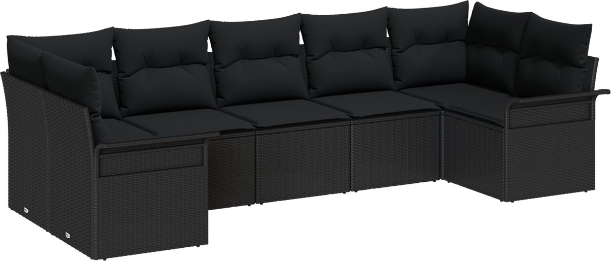 vidaXL - Tuinbank - Set - met - kussen - 7 - pcs - Zwart - poly - rattan