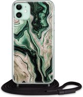 iPhone 11 hoesje met koord - Groen marmer / Marble | Apple iPhone 11 crossbody case | Zwart, Transparant | Water