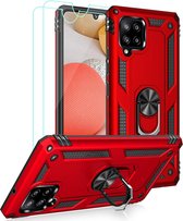 Hoesje Geschikt Voor Samsung Galaxy A42 5G Hoesje Armor case Ringhouder TPU cover - Rood met 2 pack screenprotector