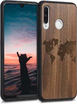 kwmobile telefoonhoesje compatibel met Huawei P30 Lite - Hoesje met bumper in donkerbruin - walnoothout - Wereldkaart design