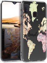 kwmobile telefoonhoesje geschikt voor Samsung Galaxy A20e - Hoesje voor smartphone in zwart / meerkleurig / transparant - Travel Wereldkaart design