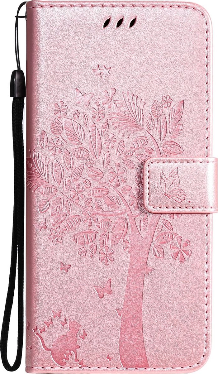 Mobigear Telefoonhoesje geschikt voor Samsung Galaxy S21 Hoesje | Mobigear Tree Bookcase Portemonnee | Pasjeshouder voor 2 Pasjes | Telefoonhoesje voor Pinpas / OV Kaart / Rijbewijs - Roségoud