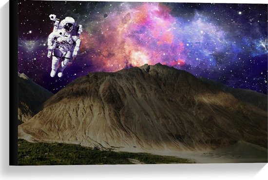 Canvas  - Astronaut boven Rotsen met Galaxy Lucht - 60x40cm Foto op Canvas Schilderij (Wanddecoratie op Canvas)