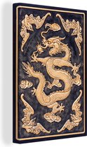 Canvas Schilderij Houten deur versierd met een gouden Chinese draak - 40x60 cm - Wanddecoratie