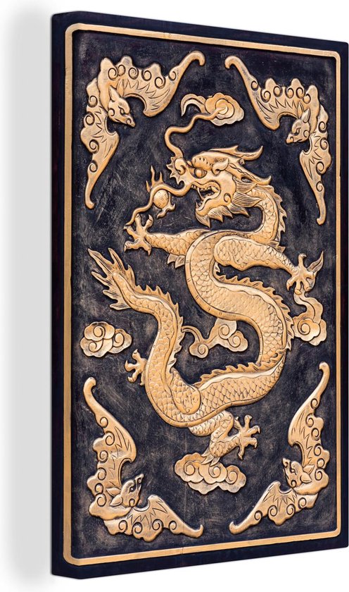 Canvas Schilderijen - Houten deur versierd met een gouden Chinese draak - Wanddecoratie