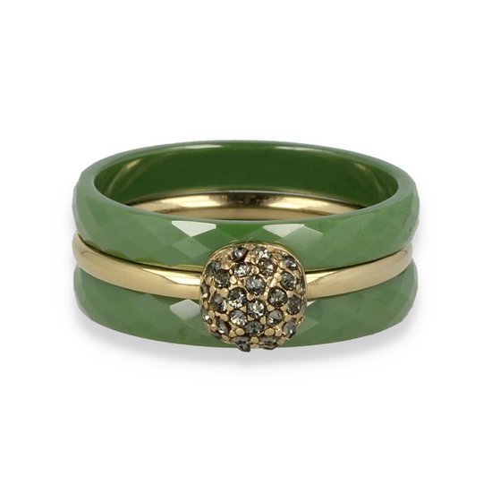 My Bendel - Set van groen keramiek met zirkonia - Mooie ringenset van twee ringen van groene keramiek met een goudkleurige zirkonia ring - Met luxe cadeauverpakking