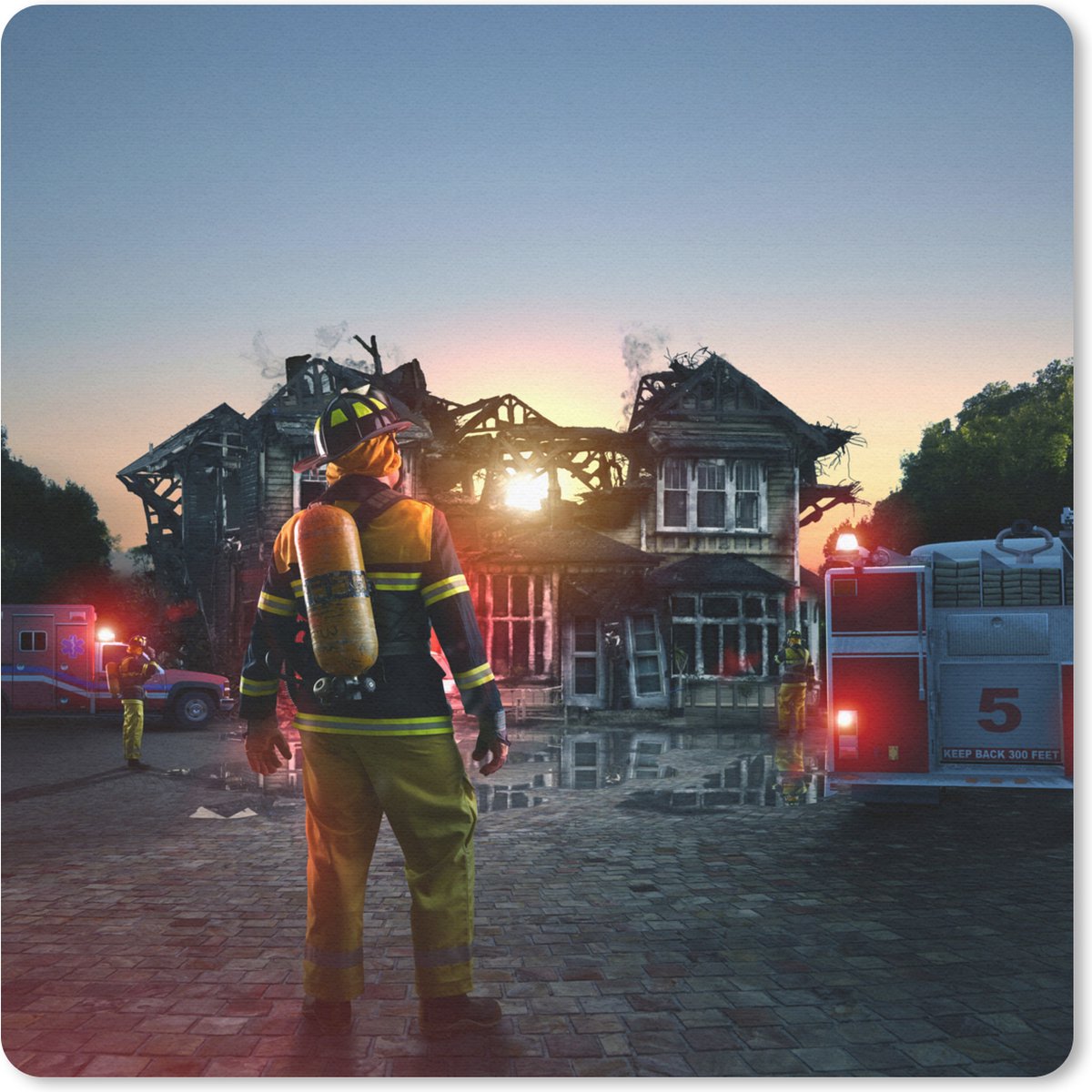 Muismat 20x20 cm - Mousepad Brandweerman voor verbrand huis - Muismatten