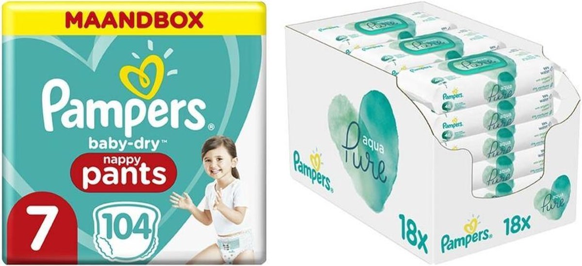 Pampers Baby-Dry Pants maandbox maat 7 104 luierbroekjes en Aqua Pure 864 billendoekjes Pakket