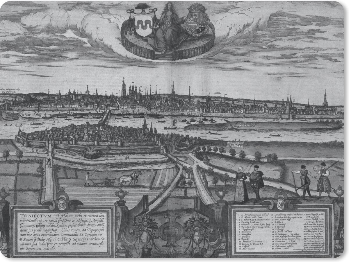 Muismat Historische stadskaarten - Historisch stadsgezicht van Maastricht in zwart wit muismat rubber - 23x19 cm - Muismat met foto