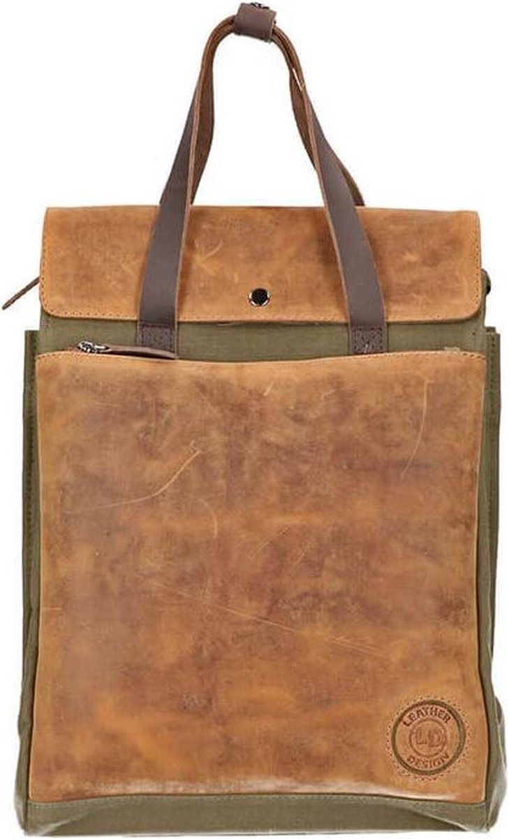 Leather Design Zorbin Rugtas / Tas - Canvas met Leer - Groen / Cognac