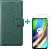 Motorola Moto G9 Plus - Bookcase Groen - portemonee hoesje met 2 stuks Glas Screen protector