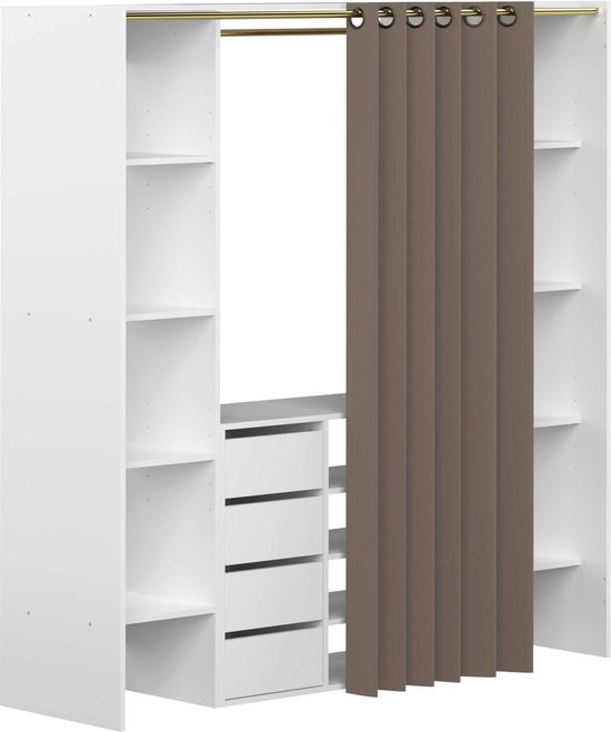 Armoire Spike 112 / 185cm avec rideau et tiroirs blanc / taupe