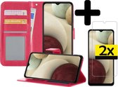 Samsung A12 Hoesje Book Case Met 2x Screenprotector - Samsung Galaxy A12 Case Wallet Cover - Samsung A12 Hoesje Met 2x Screenprotector - Donker Roze