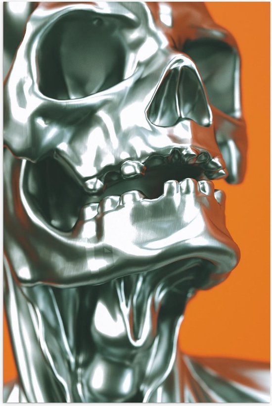 Poster – Zilveren Doodskop op Oranje Achtergrond - 40x60cm Foto op Posterpapier