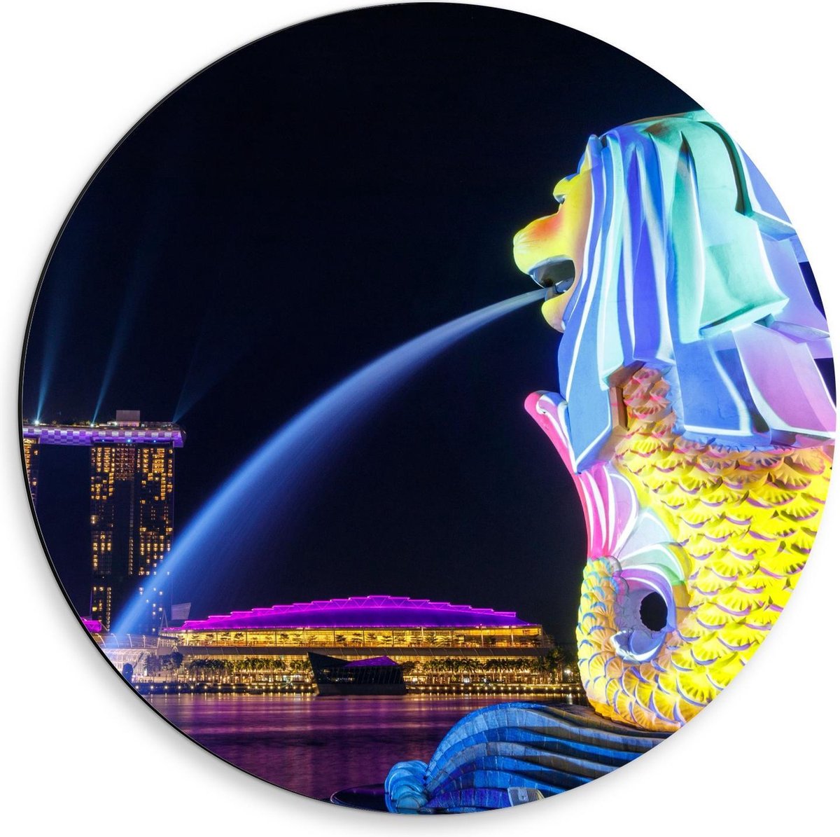 Dibond Wandcirkel - Fontein in Merlion Park, Singapore - 50x50cm Foto op Aluminium Wandcir